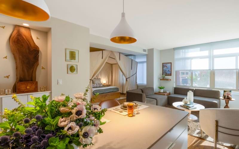 open living concept showing living room and kitchen combined with ample space for seating and modern living room decor