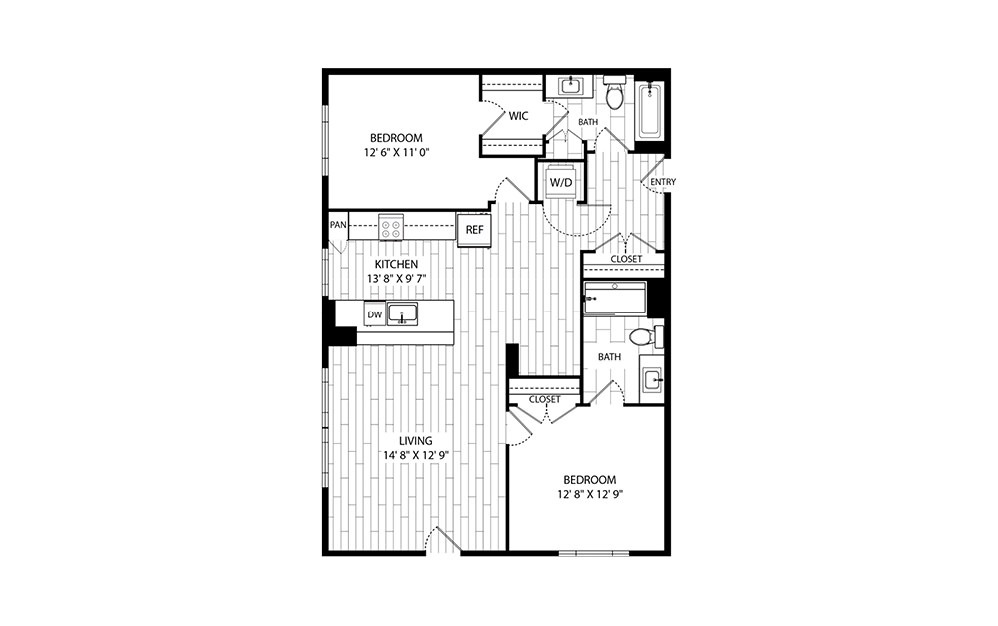 Bay - 2 bedroom floorplan layout with 2 baths and 1128 square feet.
