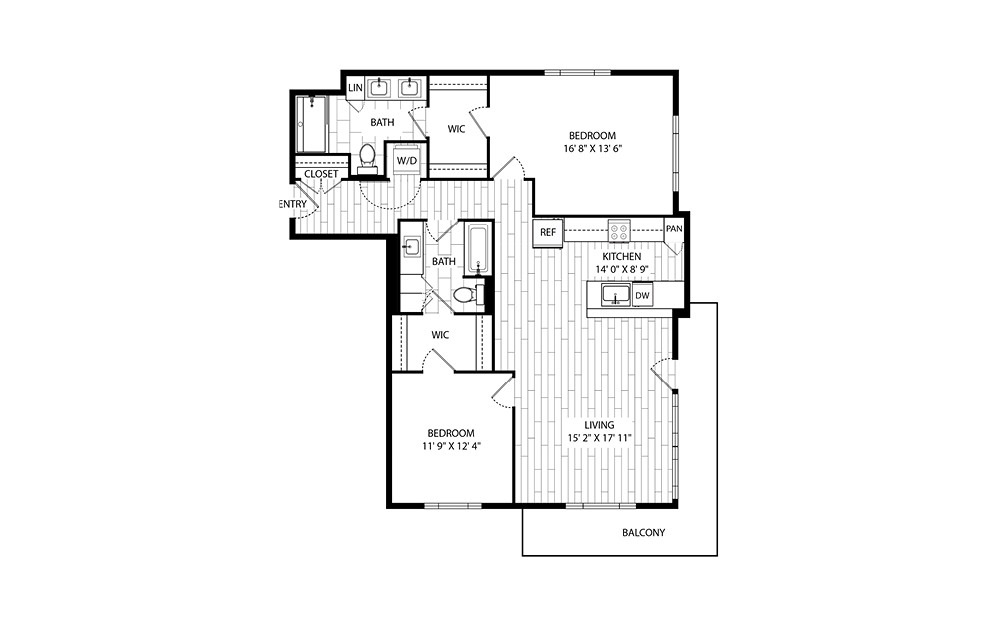 Black Oak - 2 bedroom floorplan layout with 2 bathrooms and 1253 square feet