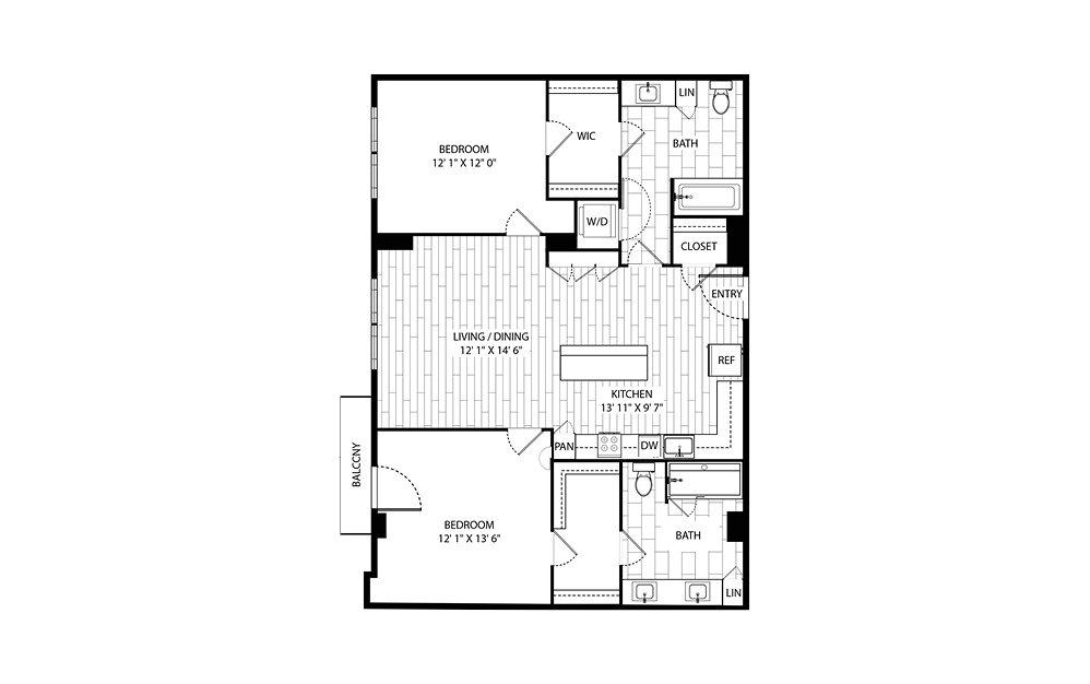 Blue Oak - 2 bedroom floorplan layout with 2 baths and 1126 square feet.