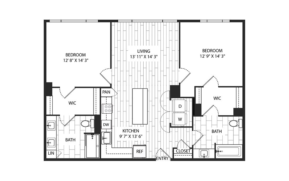 Coast - 2 bedroom floorplan layout with 2 baths and 1156 square feet.