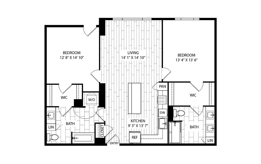 Coulter - 2 bedroom floorplan layout with 2 baths and 1117 square feet.