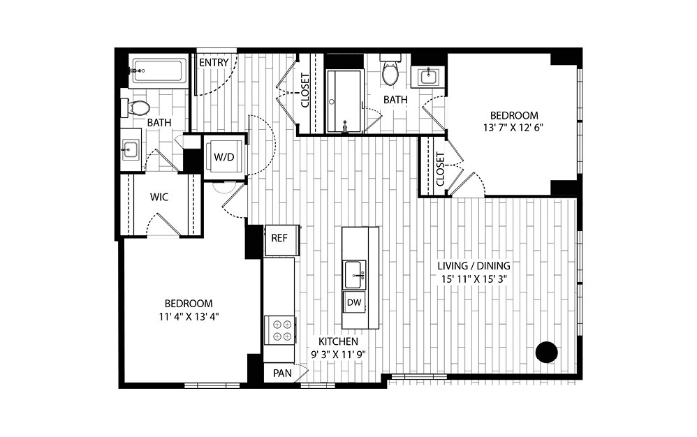 Gray Pine - 2 bedroom floorplan layout with 2 baths and 1095 square feet.