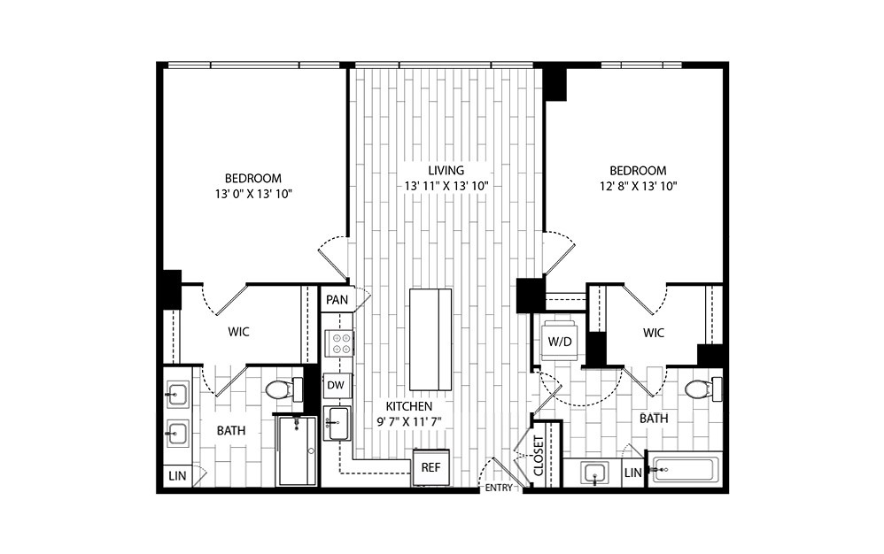 Knobcone - 2 bedroom floorplan layout with 2 baths and 1128 square feet.