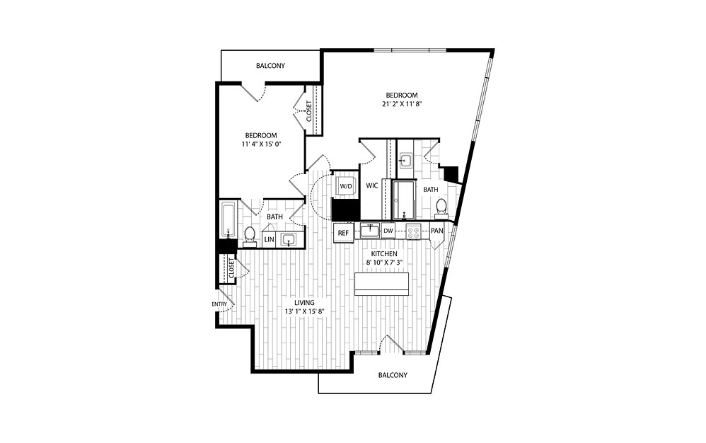 Montery - 2 bedroom floorplan layout with 2 baths and 1289 square feet.
