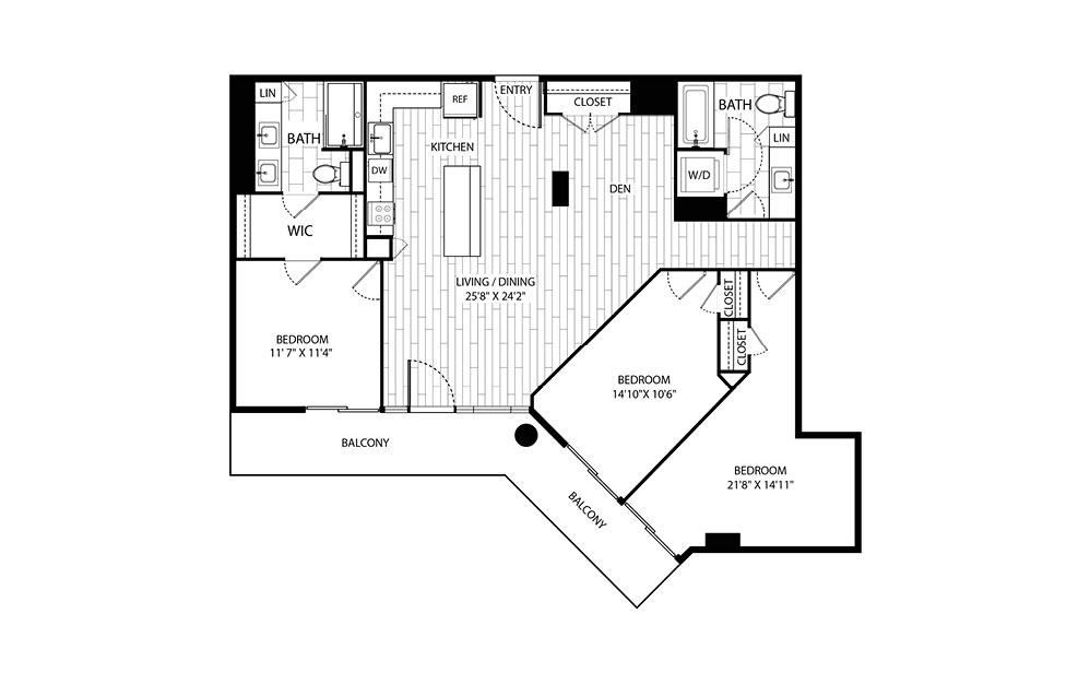 Redwood - 3 bedroom floorplan layout with 2 baths and 1407 square feet.