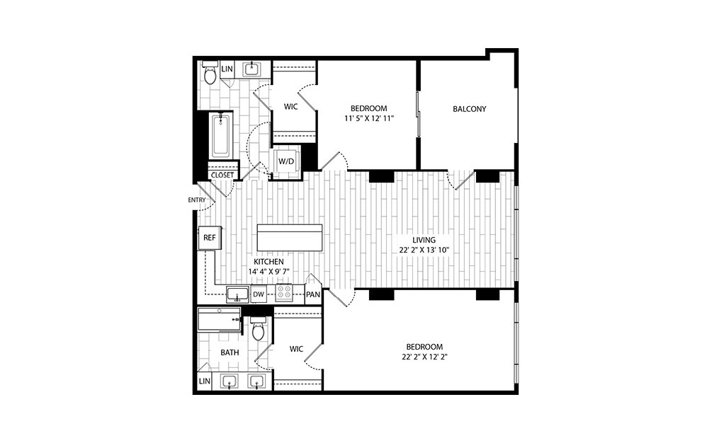 Sugar Pine - 2 bedroom floorplan layout with 2 bathrooms and 1225 square feet