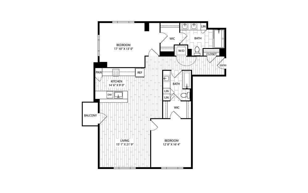 Sycamore - 2 bedroom floorplan layout with 2 baths and 1275 square feet.