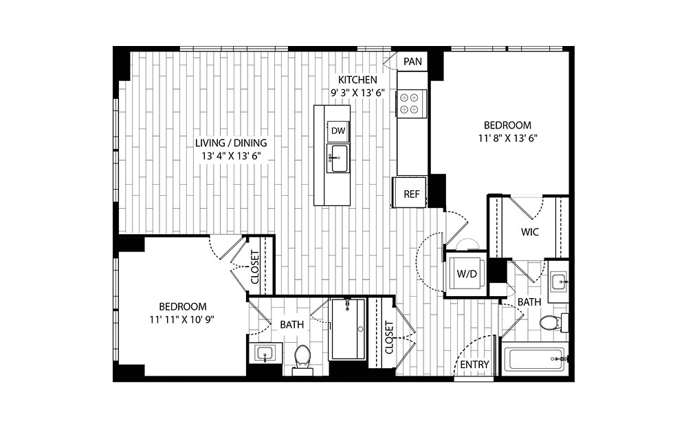 Tan Oak - 2 bedroom floorplan layout with 2 baths and 1099 square feet.