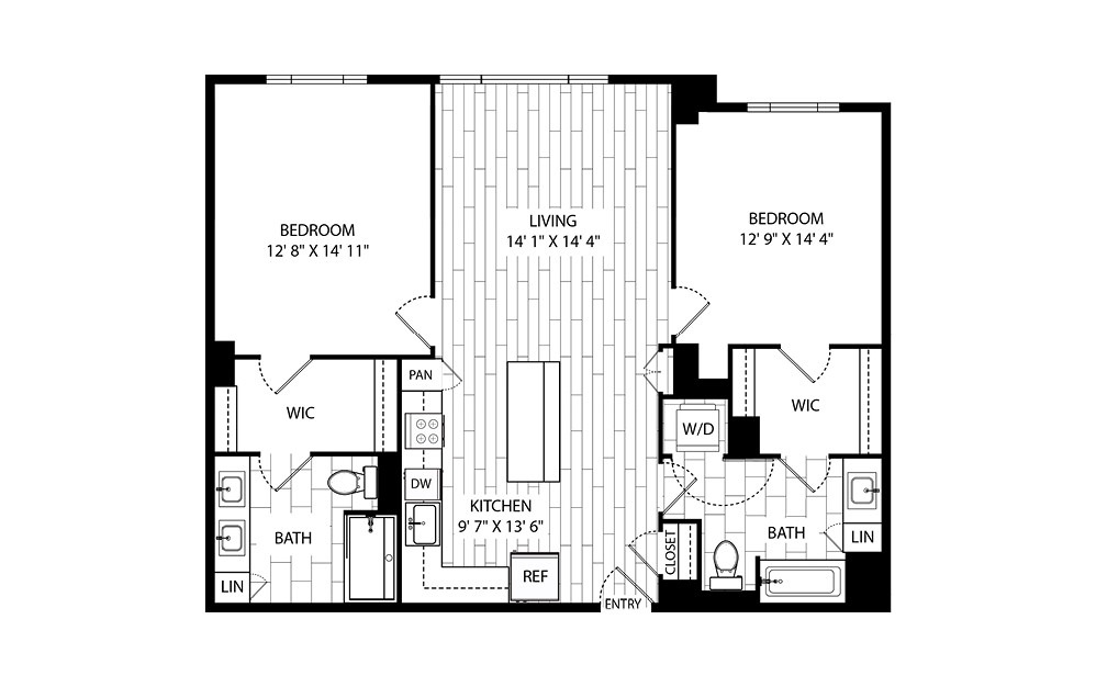 Torrey Pine - 2 bedroom floorplan layout with 2 baths and 1108 square feet.