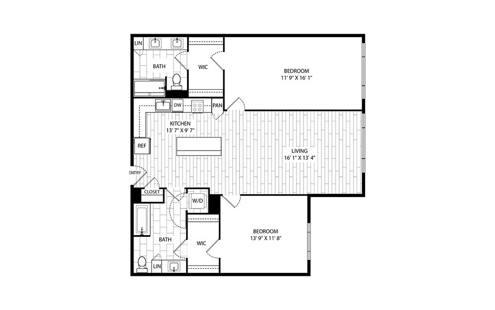 Walnut - 2 bedroom floorplan layout with 2 baths and 1220 square feet.